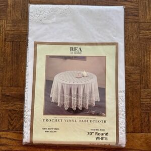 Vintage Bea At Home Crochet Lace Vinyl Round Tablecloth 70" White New NIP
